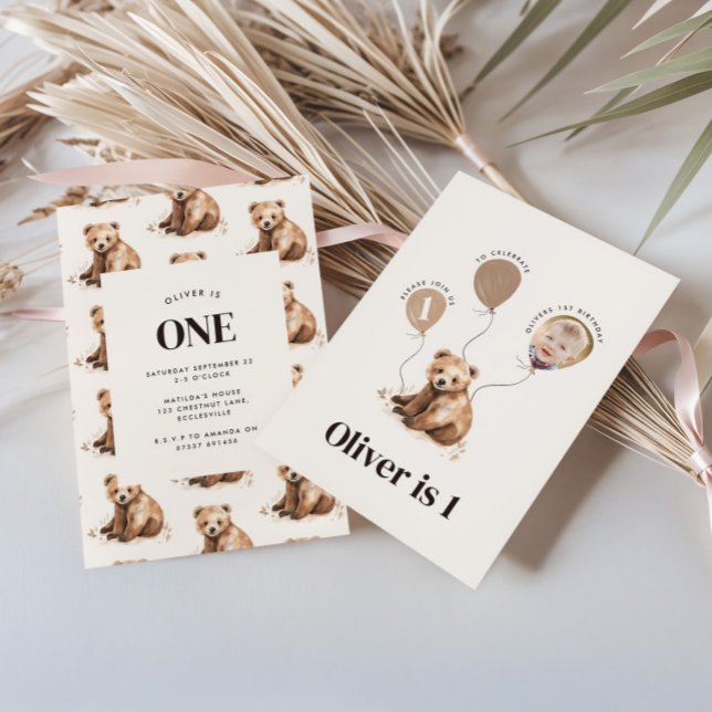 Invitación Foto de oso acuarela de 1º cumpleaños moderno (Subido por el creador)