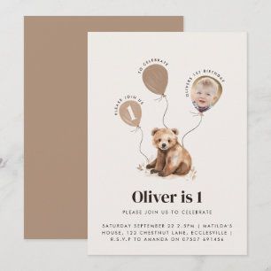 Invitación Foto de oso acuarela de 1º cumpleaños moderno
