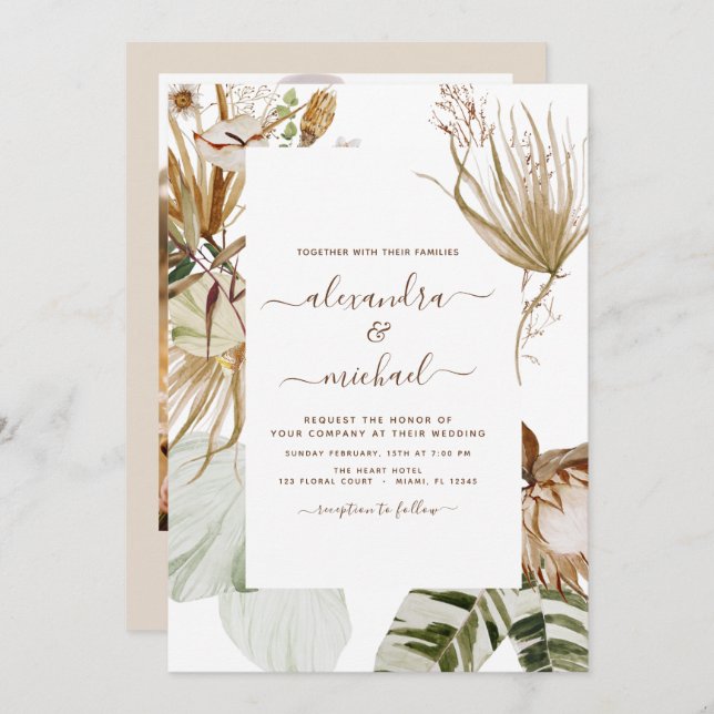 Invitación Foto de pampas Grass Bohemian Boho Tropical Boda (Anverso / Reverso)