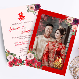 Invitación foto de pareja de jardín floral rojo de boda china