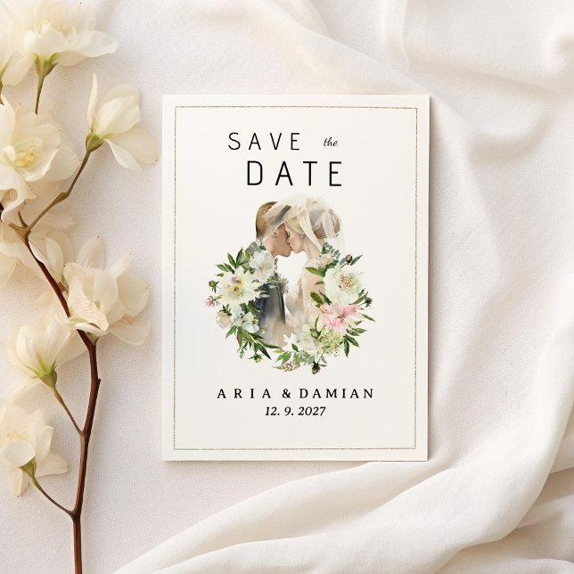 Invitación Foto de pareja floral blanca y rosa de menta Guard (Mint pink white floral couple photo Save the Date)