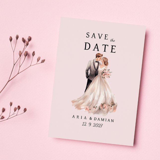 Invitación Foto de pareja floral gris rosa de Rubor Save the  (Blush pink gray floral couple photo Save the Date )