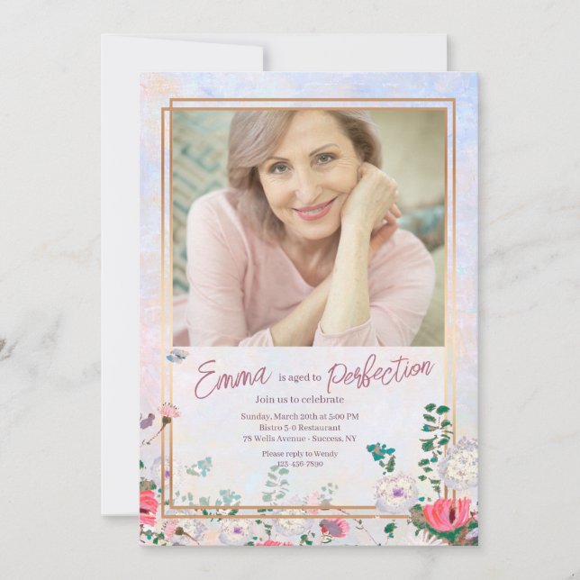 Invitación Foto de Pastel Floral Cumpleaños (Anverso)