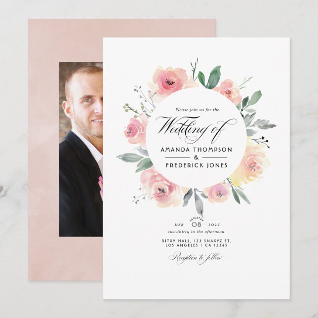 Invitación Foto de Pastel Rubor Boda Floral Rosa (Anverso / Reverso)