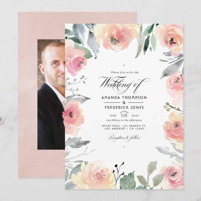 Invitación Foto de Pastel Rubor Boda Floral Rosa (Anverso / Reverso)