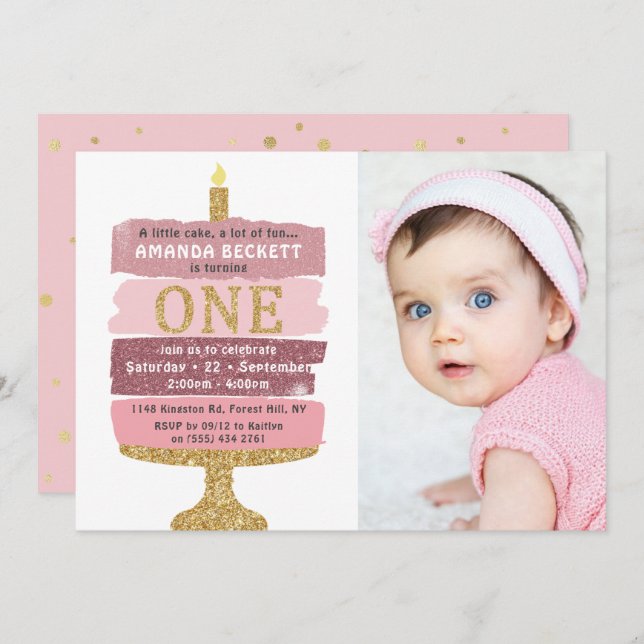 Invitación Foto de pastelería Purpurina rosada y dorada de pr (Anverso / Reverso)