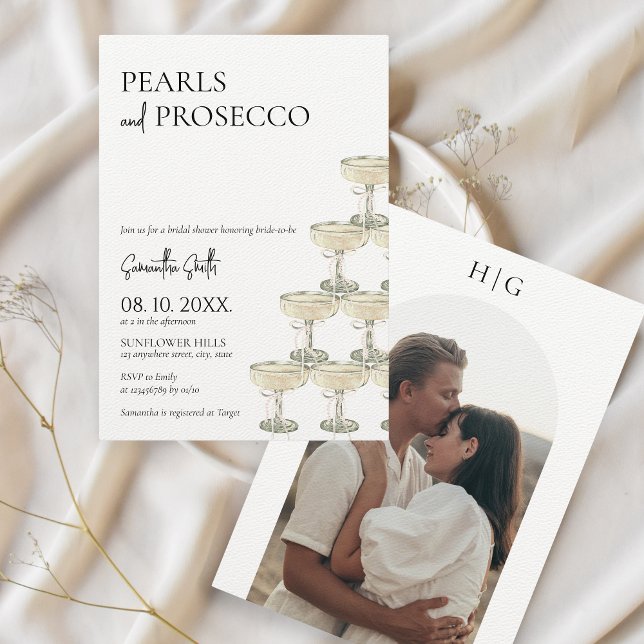 Invitación Foto de Pearls and Prosecco Bridal Shower (Pearls and Prosecco Bridal Shower Photo Invitation)