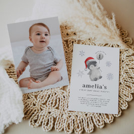 Invitación Foto de Penguin Balloon Photo 1er cumpleaños