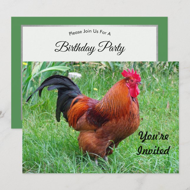 Invitación Foto de perfil de pollo rojo de bonito Cumpleaños (Anverso / Reverso)