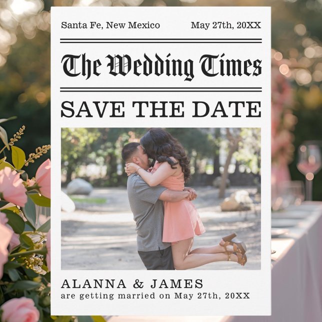 Invitación Foto de periódico antiguo para guardar la fecha (Creative newspaper-style “Save the Date” card titled The Wedding Times.)