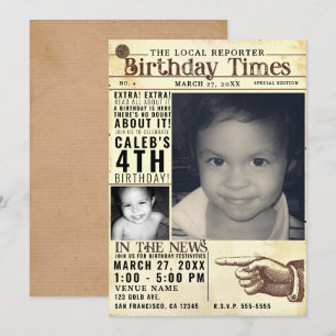 Invitación Foto de periódico antiguo vintage de cumpleaños Ti