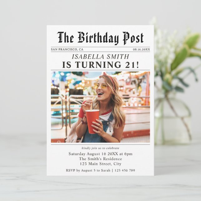 Invitación Foto de periódico cumpleaños 21 (Anverso de pie)
