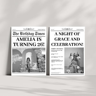 Invitación Foto de periódico de cumpleaños número 26 en blanc