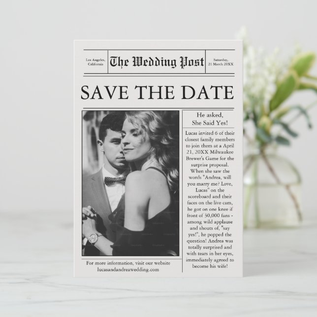 Invitación Foto de periódico Save the Date Boda (Anverso de pie)