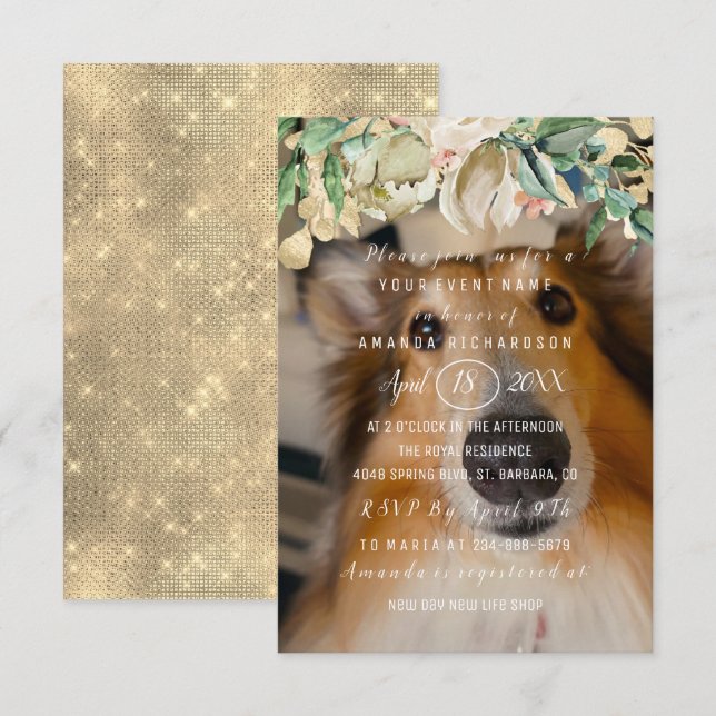 Invitación Foto de perro nuevo Mascota Flores Brunch Spark Go (Anverso / Reverso)