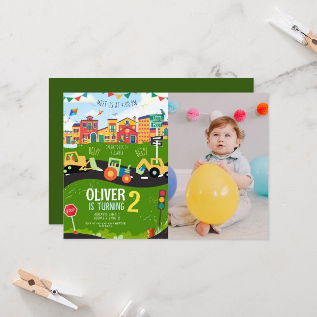 Invitación Foto de personalizado, cumpleaños del tractor verd (Anverso/Reverso In Situ)