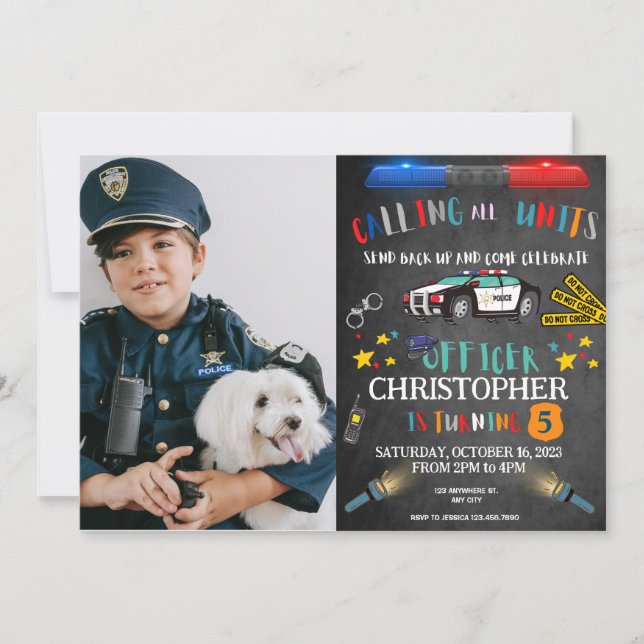 Invitación Foto de Personalizado de cumpleaños de policía (Anverso)