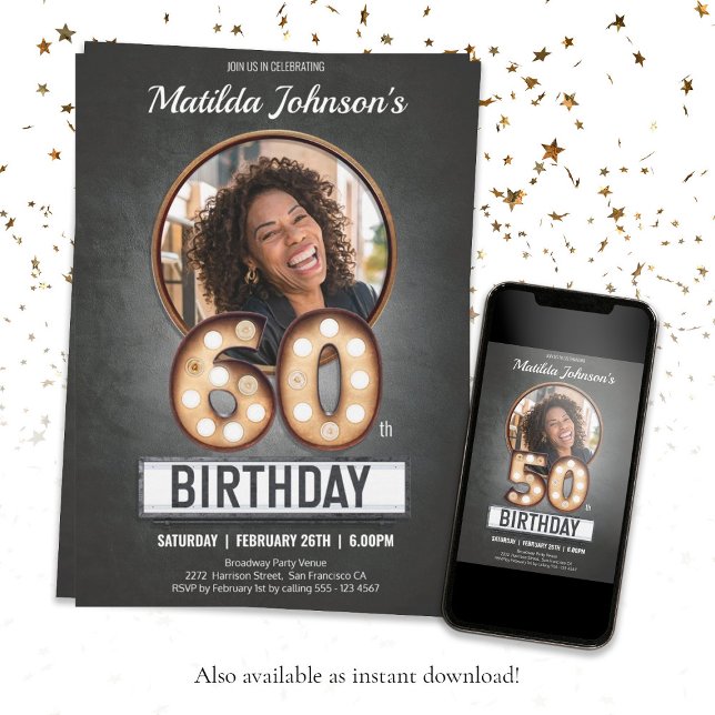 Invitación Foto de Personalizado de glamour de marquesina de  (Vintage 60th Birthday Marquee Glamor Custom Photo Invitation)