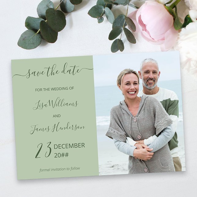 Invitación Foto de Personalizado verde sabio de dos tonos sal (Green Wedding Save the Date with Photo)