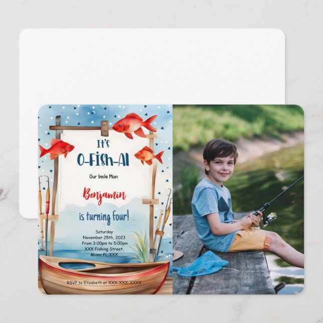 Invitación Foto de pesca del 4º cumpleaños (Anverso / Reverso)