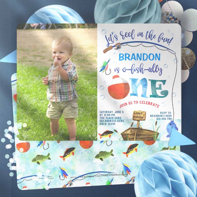 Invitación Foto de pesca del primer cumpleaños del pequeño pe (Boy 1st birthday, Fishing themed, o-fish-ally, little fisherman. Birthday photo invitations.)