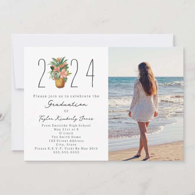 Invitación Foto de piña floral de playa de graduación 2024 (Anverso)