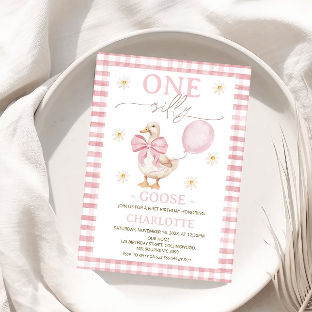 Invitación Foto de Pink Bow One Silly Goose Primer cumpleaños (Pink One Silly Goose Birthday Invitation Template One Silly Goose Birthday Invitation Template )
