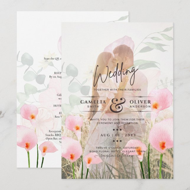 INVITACIÓN FOTO DE PINK CALLA LILIES SOBRELAY WEDDING INVITE (Anverso / Reverso)