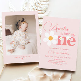 Invitación Foto de Pink Daisy Primer Fiesta de cumpleaños