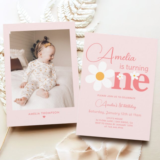 Invitación Foto de Pink Daisy Primer Fiesta de cumpleaños (Subido por el creador)