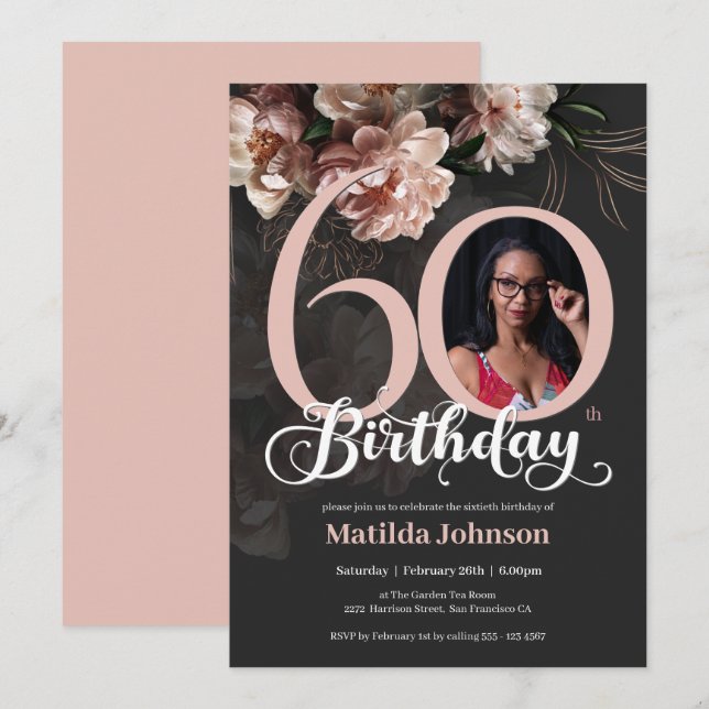 Invitación Foto de Pink Floral 60 Personalizado de cumpleaños (Anverso / Reverso)