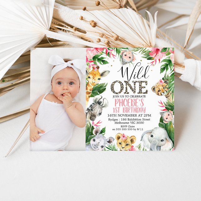 Invitación Foto De Pink Floral Safari Salvaje Un Cumpleaños (Girls Wild One Safari 1st Birthday Invitation Pink Floral Foliage, Cheetah Print, Wild One Invite)