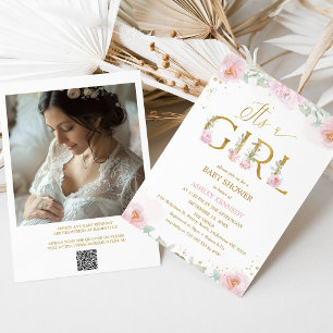 Invitación Foto de Pink Peonies Es un Baby Shower Chica