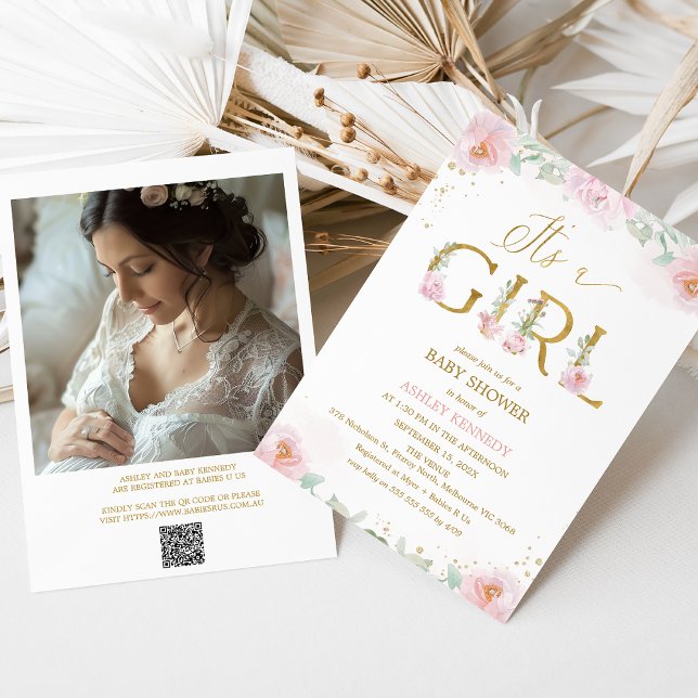 Invitación Foto de Pink Peonies Es un Baby Shower Chica (Floral It's a Girl baby Shower Invitation Template, Pink Peonies Baby Shower Invitation Girl QR Code)