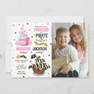Invitación Foto de Pirata y Princesa Hermanos Cumpleaños Conj