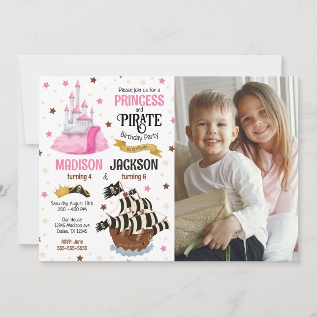 Invitación Foto de Pirata y Princesa Hermanos Cumpleaños Conj (Anverso)