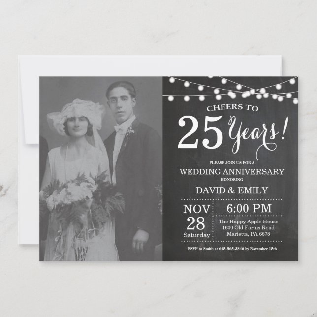 Invitación Foto de pizarra de 25º aniversario de bodas (Anverso)