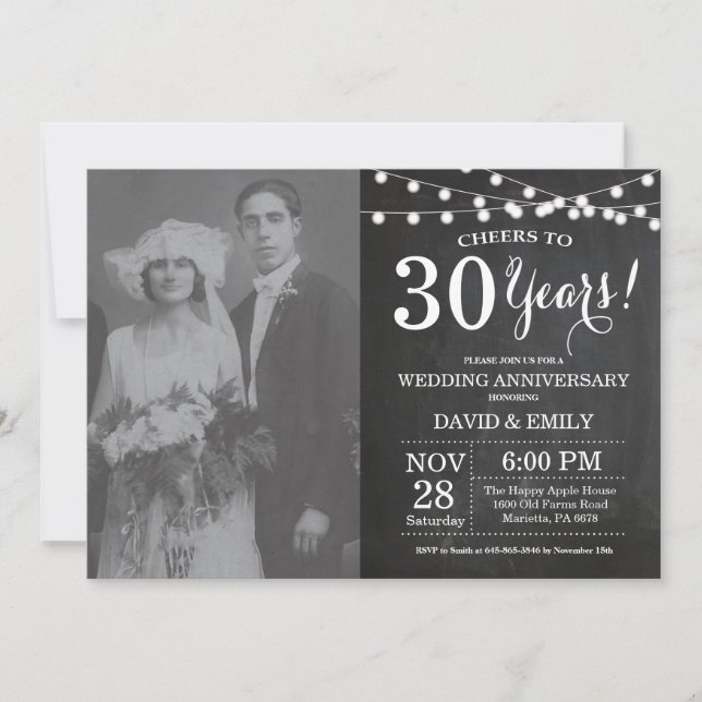 Invitación Foto de pizarra del 30º aniversario de boda (Anverso)