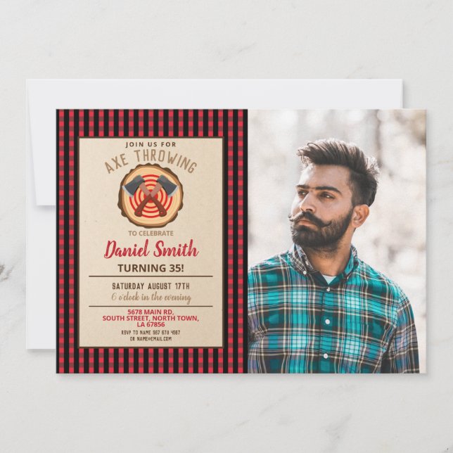 Invitación Foto De Plaid De Lumberjack De Madera De Cumpleaño (Anverso)