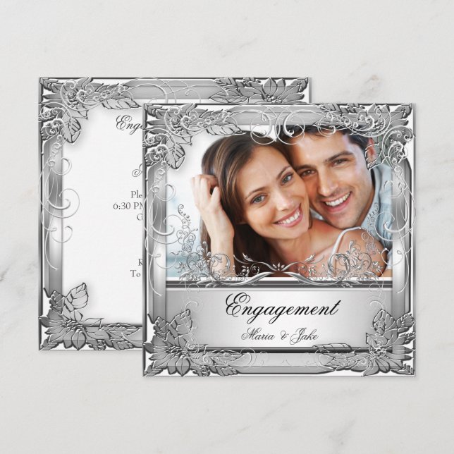 Invitación Foto de plata blanca del partido de compromiso (Anverso / Reverso)
