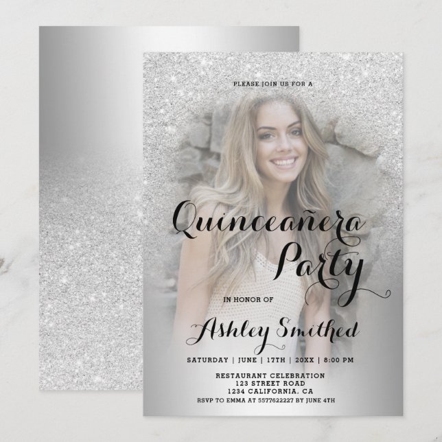 Invitación Foto de plata purpurina oscura metálica Quinceañer (Anverso / Reverso)