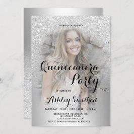 Invitación Foto de plata purpurina oscura metálica Quinceañer