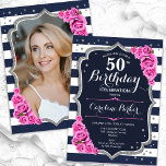 Invitación Foto de plata rosa azul de la marina 50 cumpleaños<br><div class="desc">Elegante invitación de 50 años floral femenina con tu foto al fondo de la tarjeta. Diseño rosa blanco de la marina de cristal con una falsa plata purpurina. Presenta rayas azul marino y blanco, rosas bebe rosadas, fuente de guión y confeti. Perfecto para un elegante fiesta de celebración de cumpleaños....</div>