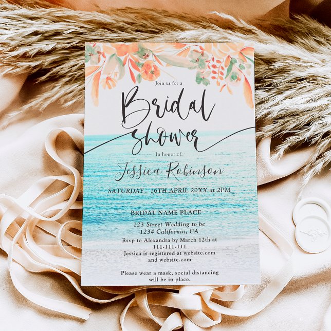 Invitación Foto de playa acuarela floral boho ducha de novia (Subido por el creador)