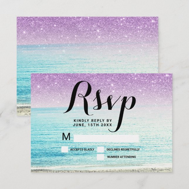 Invitación foto de playa de purpurina morado RSVP boda (Anverso / Reverso)