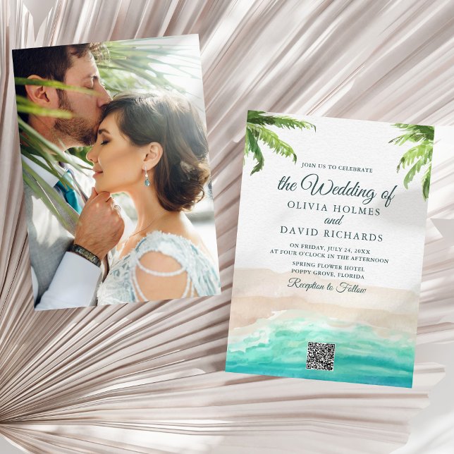 Invitación Foto de playa en acuarela y código QR de boda (Watercolor Beach Photo & QR Code Wedding Invitation on a sunny neutral dry palm leaf.)