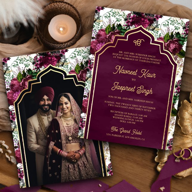 Invitación Foto de Plum Floral Anand Karaj Sikh Boda (Subido por el creador)