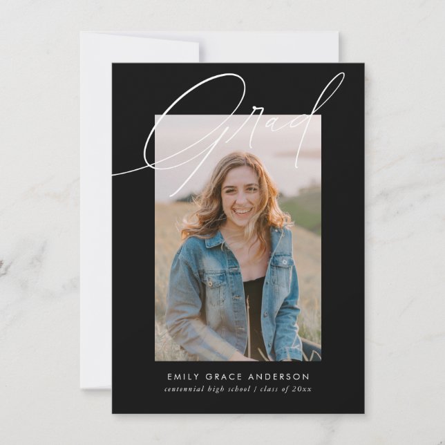 Invitación Foto de presupuesto de caligrafía negra Graduación (Anverso)
