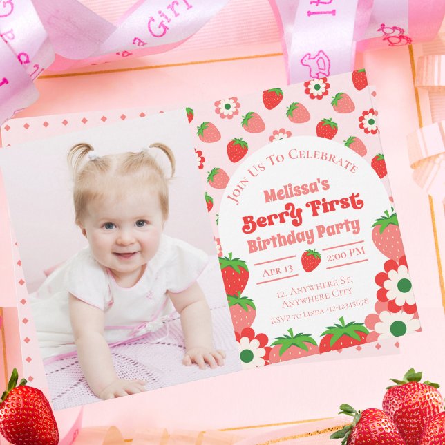 Invitación Foto de primer cumpleaños de Berry Rojo Cute Pink (Subido por el creador)