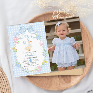Invitación Foto de primer cumpleaños de Bow Floral de un bobo